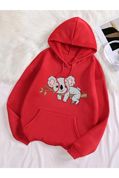 FAVORİST Unisex crvena Kengur džep majica sa kapuljačom i tri niti Koala