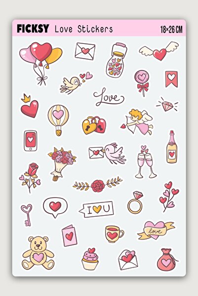 Ficksy Doodle Stili Aşk, Sevgi, Kalp Ve Sevgililer Günü Temalı Sticker Seti -...