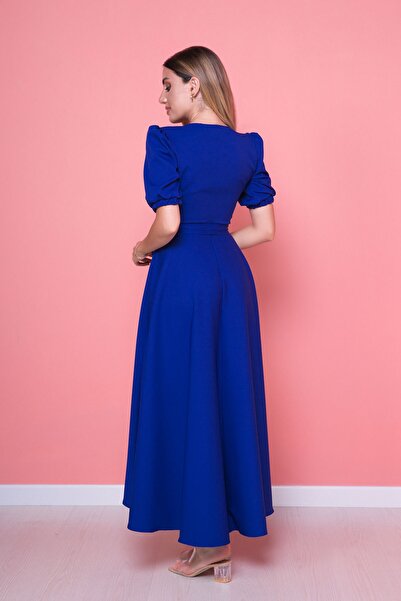 lovebox Women's Flexible Atlas Fabric Belted Asymmetrical Cut Midi Length Double Breasted Collar Saks Blue Flared Dress 410