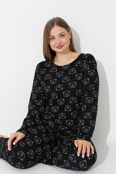 Siyah İnci Black Teddy Bear Patterned Curve Plus Size King Size Cotton Pajama Set