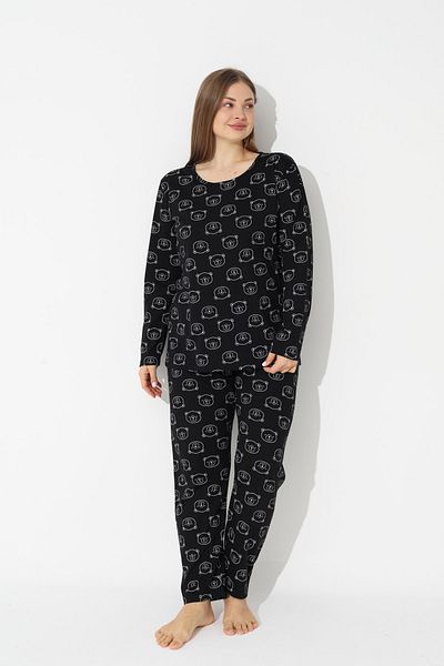 Siyah İnci Black Teddy Bear Patterned Curve Plus Size King Size Cotton Pajama Set