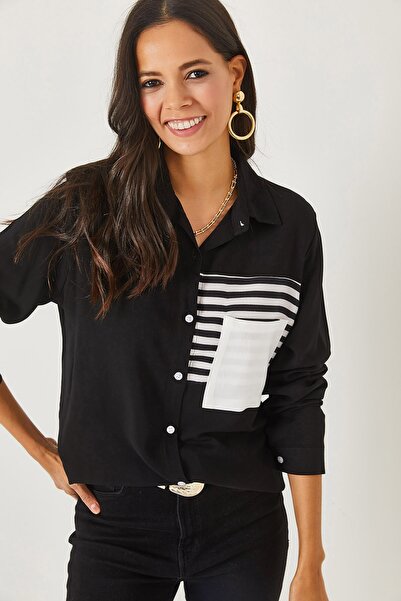 Olalook Černá kapesní tkaná viskózová košile GML-19001080