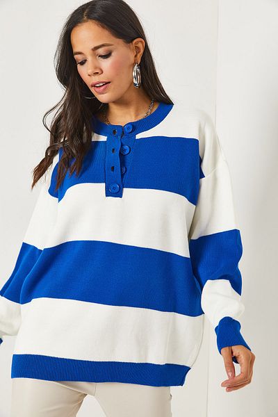 Olalook Saks Blue Buttoned Striped Oversize Knitwear Sweater KZK-19000590
