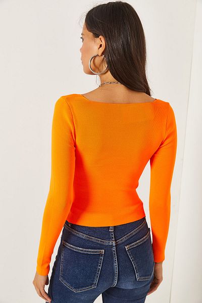 Olalook Γυναικεία πορτοκαλί τετράγωνη γιακάς Crop Basic πλεκτά μπλούζα BLZ-19001114