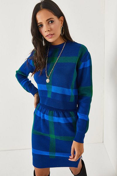 Olalook Saks Blaues Oberteil Kurzer Pullover Unterteil Schlitzrock Set TKM-19000184
