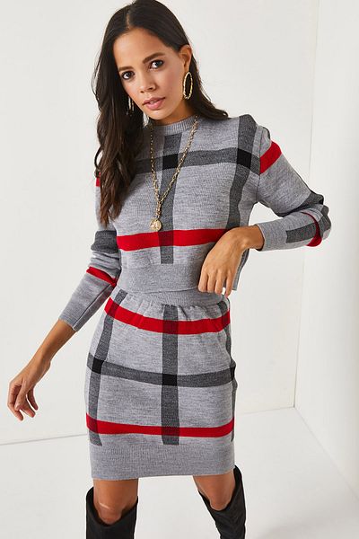 Olalook Gray Top Crop Sweater Bottom Slit Skirt Set TKM-19000184