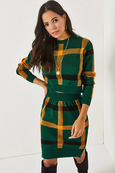 Olalook Emerald Green Top Crop Sweater Bottom Slit Skirt Set TKM-19000184