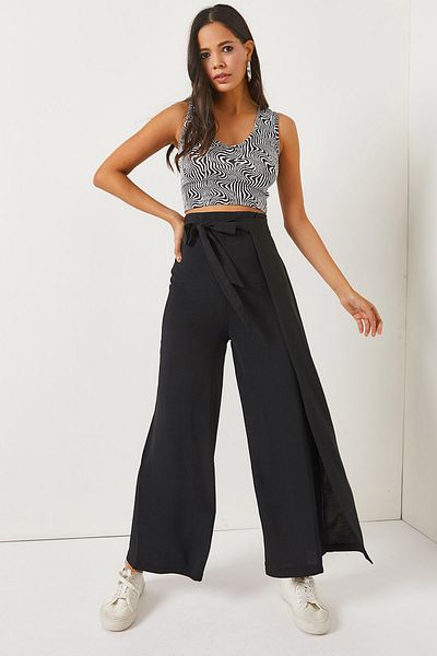 Olalook Kalhoty Black Tie Detailed Wrap Palazzo PNT-19000199