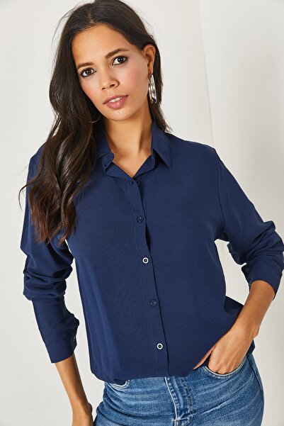 Olalook Темно-синя ткана віскоза Regular Fit Сорочка GML19000697