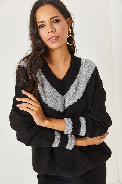 Olalook Pulover negru cu decolteu în V, cu sclipici, din tricot cu textura moale KZK-19000587