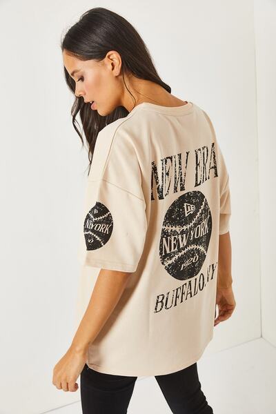 Olalook Μπλουζάκι Unisex Oversize TSH-19000696 Newyork μπεζ μπροστινό πίσω τυπωμένο 2 νημάτων