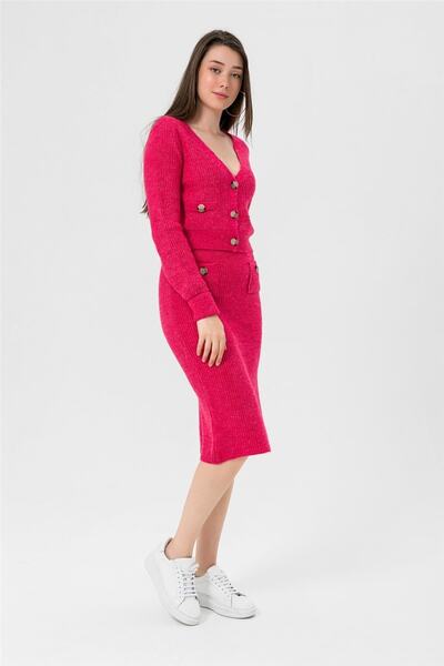 Miss Poem Ζακέτα με κουμπιά και πέτρες και γυναικεία φούστα με κουμπιά πάνω από το γόνατο Πλεκτό σετ Fusya/fuschia 33023
