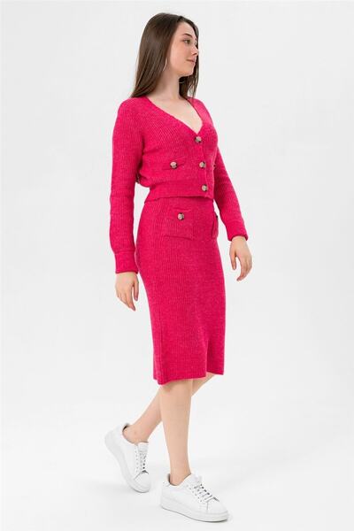 Miss Poem Ζακέτα με κουμπιά και πέτρες και γυναικεία φούστα με κουμπιά πάνω από το γόνατο Πλεκτό σετ Fusya/fuschia 33023