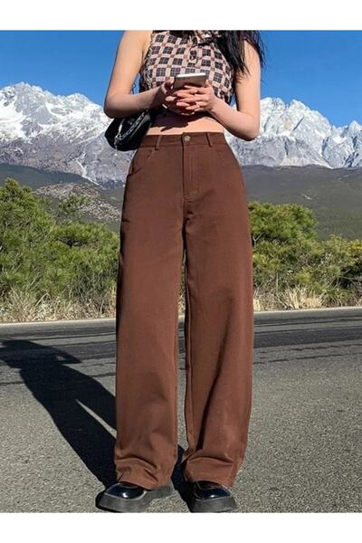 ellevana بنطلون جينز بالازو مستقيم واسع الساق بأزرار باللون البني