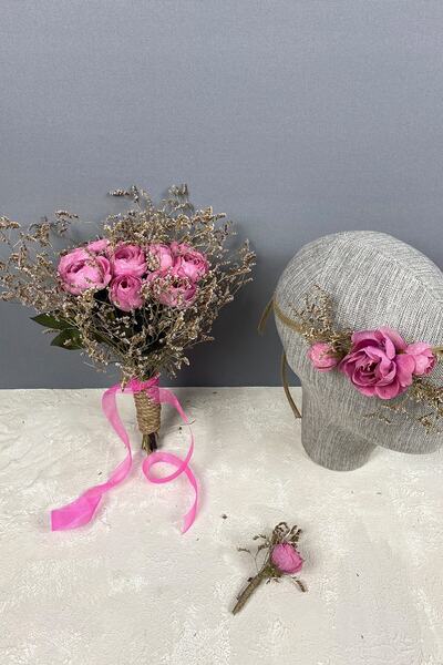 Bontex Floare artificială de mireasă, bujor roz, set de coroană de flori de m...