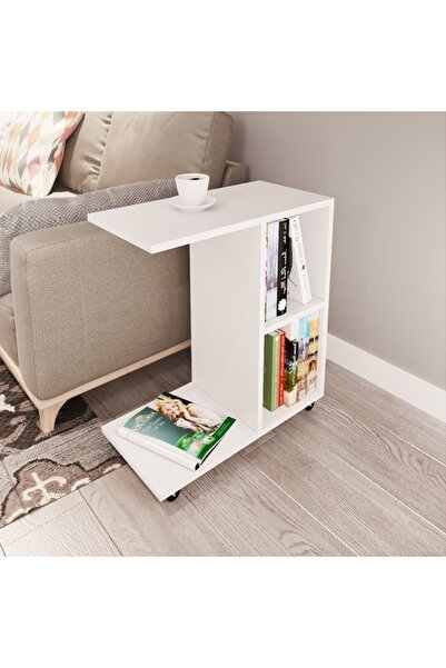 Genel Markalar Tekerlekli C Sehpa Koltuk Yan Sehpası Beyaz