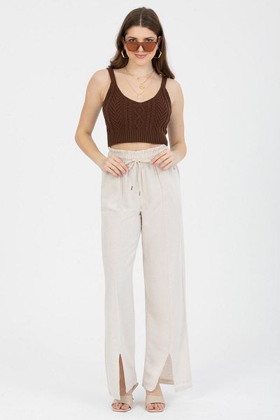 MD trend Women's Stone Waist Elastic Tied Linen Trousers with Stitching Detail on the Front and Slit Legs