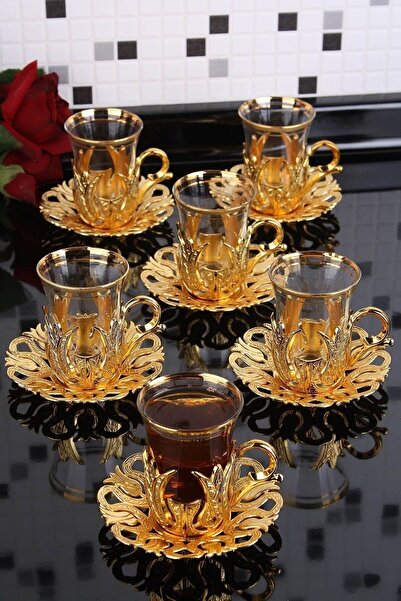 Sena Hanedan 6 Kişilik 18 Parça Altın Renkli Çay Bardağı Sunum Seti