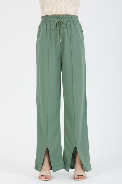 MD trend Pantaloni de in pentru femei, verde mentă, cu elastic în talie, cu detaliu cusăturii în față și fante pentru picioare