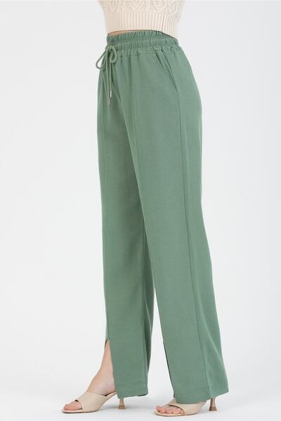 MD trend Women's Mint Green Elastic Waist Tied Linen Trousers with Front Seam Detail and Leg Slits