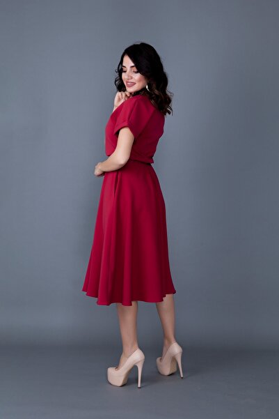 lovebox Women's Flexible Atlas Fabric Elastic Waist Pocket Detailed Round Collar Burgundy Flared Midi Dress 222