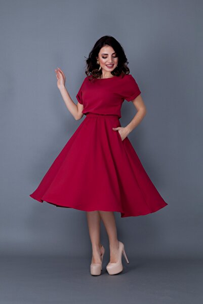 lovebox Women's Flexible Atlas Fabric Elastic Waist Pocket Detailed Round Collar Burgundy Flared Midi Dress 222