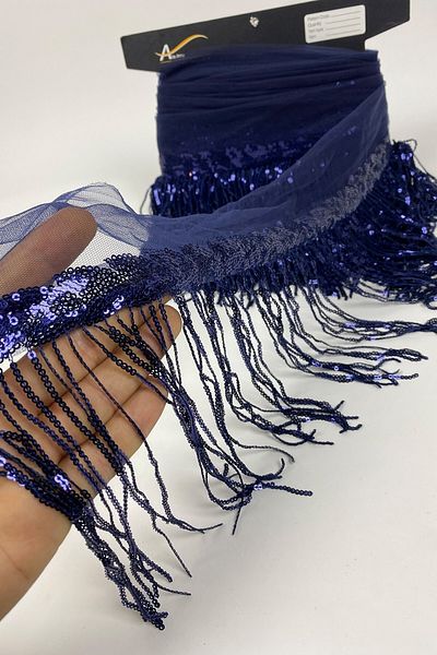 Hobigram Μπλε ναυτικό παγιέτες με παγιέτες γυαλιστερή κορδέλα με κρόσσια 15 cm 1 μέτρο – Διακοσμητική κορδέλα, κομψό σχέδιο – διακόσμηση