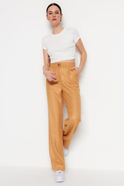 Trendyol Collection Camel Straight Fit Wide Leg Woven Kalhoty TWOAW22PL0321
