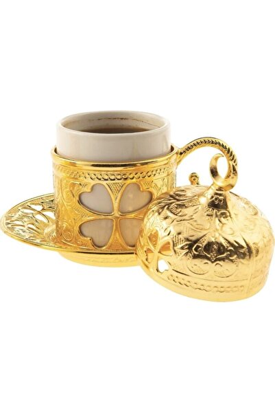 Sena Yonca Desenli Porselenli 4 Parça Altın Renk Fincan