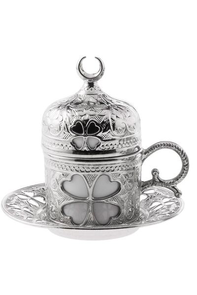 Sena Yonca Desenli Porselenli 4 Parça Gümüş Renk Fincan