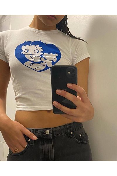 Touz Dog In Heart Printed White Crop