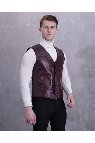 CE-YIL DERİ ÜRÜNLERİ Men's Genuine Leather Claret Red Vest