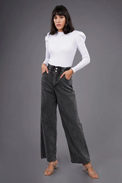 MAKRAS EXCLUSIVE Monera Rosa Gathered - Elastic Waist High Waist Boyfriend Wide Leg Jeans