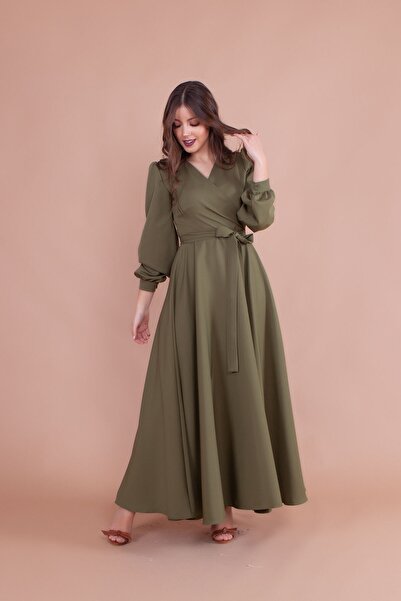 lovebox Women's Flexible Atlas Fabric Belt Detailed Double Breasted Collar Long Sleeve Khaki Maxi Dress 110