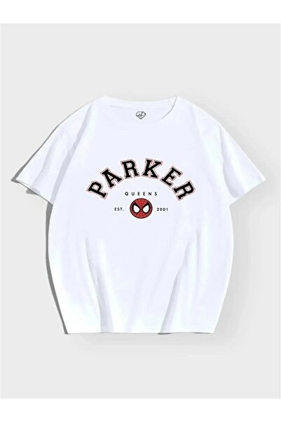 ellevana تي شيرت أبيض اللون للجنسين باركر سبايدرمان بشعار أحمر لرجل العنكبوت ورقبة دائرية