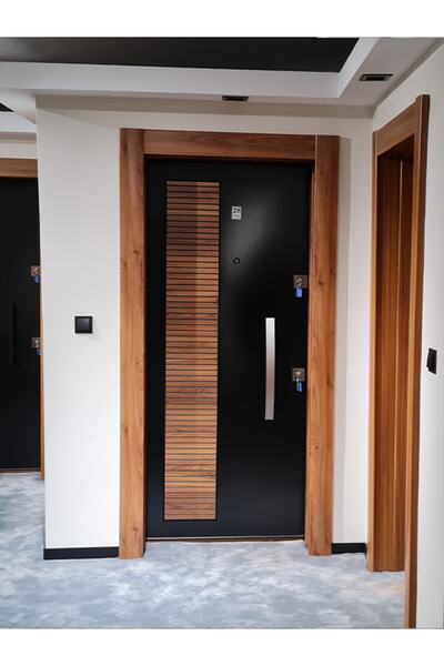 Tezdoor Celik Kapi Ahşap Kaplama Kasalı Kabartmalı Model Daire Kapısı, Çelik Kapı, Villa Kapısı Sol