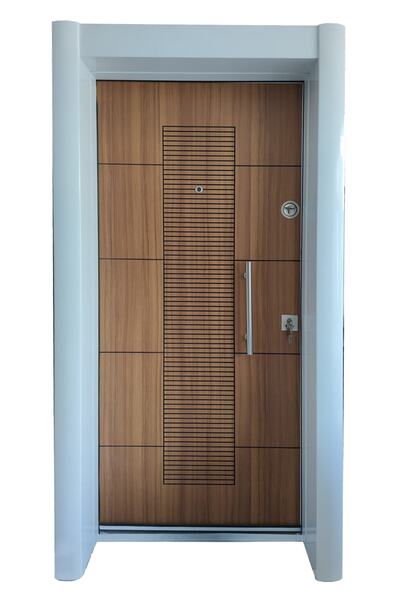 Tezdoor Celik Kapi Beyaz Kasalı Tırnaklı Sistem Kale Kilitli, Rustik Çizgili Düz Model Daire Kapısı Sol