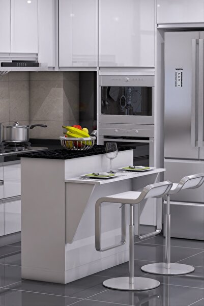 moka park avm Mutfak Masası Ada Şeklinde Bar Masa Ile Birlikte Beyaz Ahşap Ce...