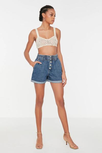 MAKRAS EXCLUSIVE Monera Rosa 5 Button Short Denim Shorts