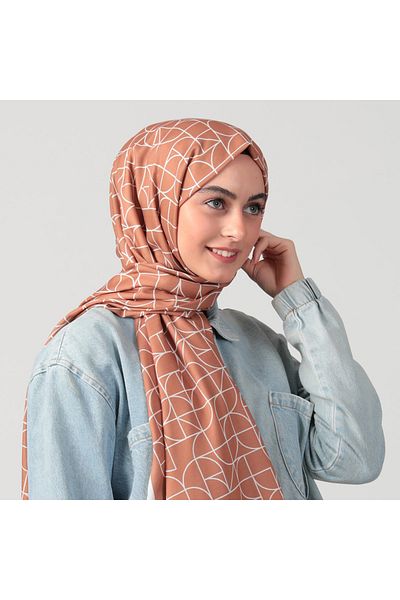 ipekistanbul Cinnamon Color Geometric Patterned Cotton Silk Shawl