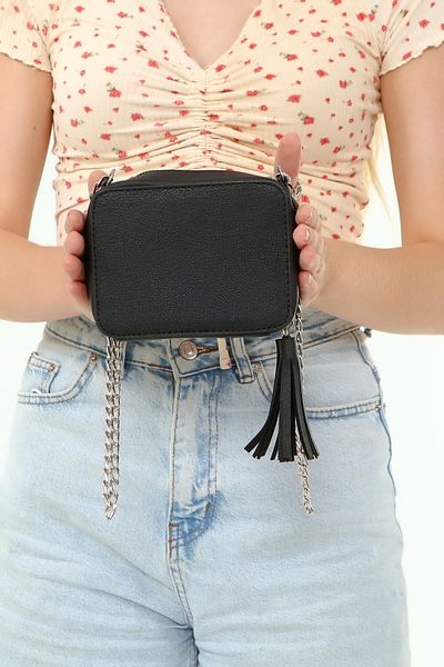 ICONE BAG Geantă de umăr pentru femei din piele artificială neagră - Detaliu cu lanț, curea reglabilă