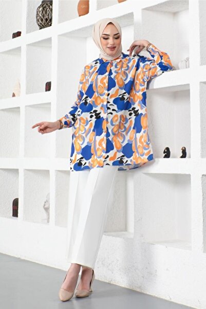 benguen 8885 Patterned Hijab Shirt Saxe Blue