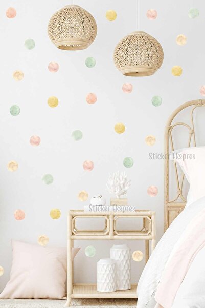 Sticker Ekspres 5 Cm Soft Pembe Mint Bej Sarı Suluboya Puantiyeler Puantiye Ç...