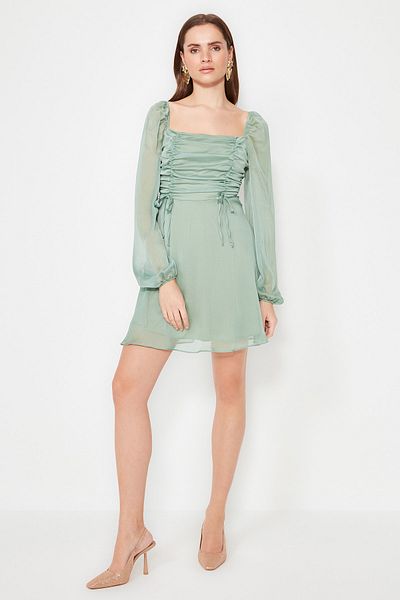 Trendyol Collection Mintfarbenes Chiffon-Abendkleid – A-Schnitt, Kragendetail, kurz – TPRSS21EL0767