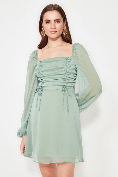 Trendyol Collection Mintfarbenes Chiffon-Abendkleid – A-Schnitt, Kragendetail, kurz – TPRSS21EL0767