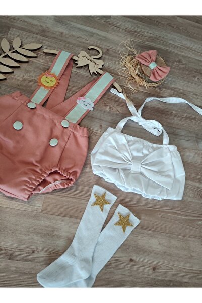 Feriatolye Gökyüzü Konsepti Kız Bebek Doğum Günü Kıyafeti Romper Crop Çorap T...