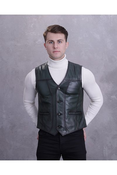 CE-YIL DERİ ÜRÜNLERİ Men's Genuine Leather Green Vest