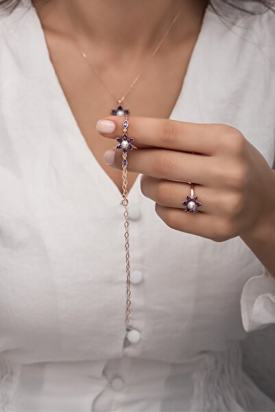 klas gümüş Incili Lotus Ametist Taşlı Rose Bileklik 925 Ayar Gümüş