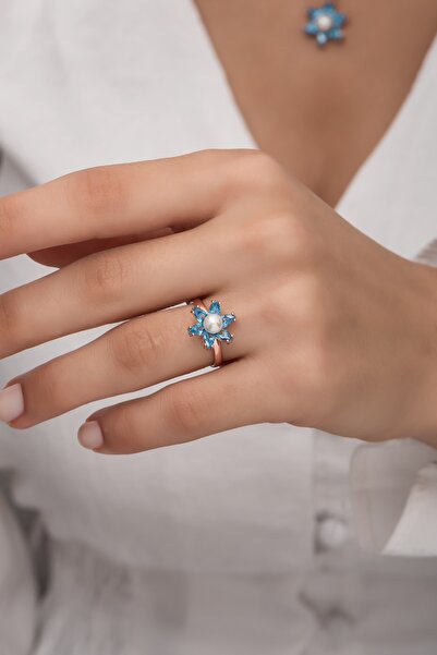 klas gümüş Incili Lotus Akuamarin Taşlı Rose Yüzük-925 Ayar Gümüş