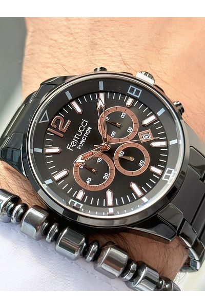 Ferrucci Black Color Steel Strap Functional Men's Wristwatch Bracelet Gift
